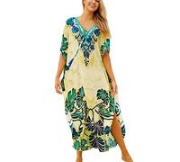 AiJump Femmes Cotton Caftan Grande Taille Robe Ethnique Boheme Kimono Plage Cover Ups Maillot de Bain,Vert 1,Taille Unique