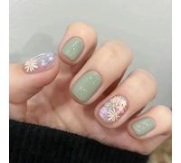 Aikeis 24 pièces Pastorale Fleur Nail Art Comprimés Ongles Pressés Court Français Faux Ongles Vert Clair Ongles Coloré Motif Floral Ongles Femmes Ongles