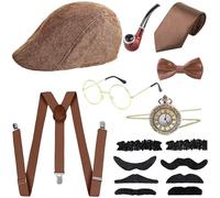 Aikooyc Accessoires Homme Gatsby Tenue des Années 20 1920s Accessoires Carnaval Costume Homme Année 20 avec Chapeau Barbes Cravate Bretelles Noeud Montre de Poche Lunettes