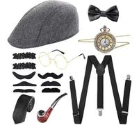 Aikooyc Accessoires Homme Tenue des Années 20 1920s Accessoires Carnaval Costume Homme Année 20 avec Chapeau Barbes Cravate Bretelles Noeud Montre de Poche Lunettes