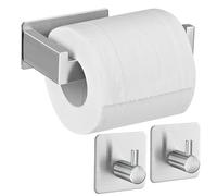 Aikzik Porte-rouleau de papier toilette sans perçage - Autocollant - En acier inoxydable - Avec 2 crochets pour serviettes - Pour cuisine et salle de bain - Argenté