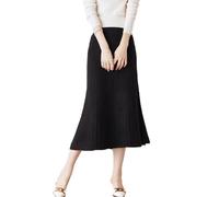 Ailaile Jupe longue en tricot 100 % laine mérinos pour femme - Taille élastique côtelée, noir, Taille S