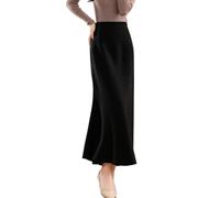Ailaile Jupe longue pour femme - Automne et hiver - 100 % laine mérinos épaisse - Jupe côtelée élastique plissée en queue de poisson, noir, Taille XL