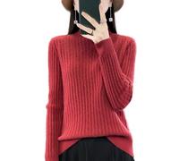 Ailaile Pull 100 % laine mérinos pour femme - Automne et hiver - Col montant - Manches longues - Groove Strip - Pull chaud et doux en tricot, Doré/rouge, Taille S