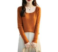 Ailaile Pull 100 % laine mérinos pour femme, col en U, manches longues, pull en tricot pour l'automne et l'hiver, hauts courts basiques, Orange, XX-Large