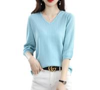 Ailaile Pull à manches 3/4 pour femme, col en V, tunique légère et décontractée, 100 % coton, bleu ciel, Taille XL