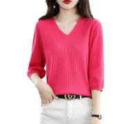 Ailaile Pull à manches 3/4 pour femme, col en V, tunique légère et décontractée, 100 % coton, rose, Taille XL