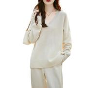 Ailaile Pull ample à col en V pour femme - Manches longues - 100 % laine mérinos - Automne et hiver - Haut chaud, blanc, Taille L