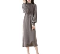 Ailaile Robe pull 100 % laine mérinos pour femme Col montant Manches lanterne Pull Automne Hiver Robe longue en tricot, gris, Taille L