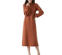 Ailaile Robe pull 100 % laine mérinos pour femme Col montant Manches lanterne Pull Automne Hiver Robe longue en tricot, Orange, Taille M