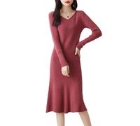 Ailaile Robe pull 100 % laine mi-longue pour femme - Coupe ajustée - Col en V - Manches longues - Robe longue en tricot, Rouge haricot., Taille M