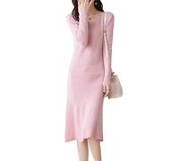 Ailaile Robe pull 100 % laine mi-longue pour femme - Coupe ajustée - Col en V - Manches longues - Robe longue en tricot, rose, Taille L