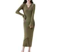 Ailaile Robe pull en laine mérinos 100 % laine mérinos pour femme - Manches longues - Col en V - Automne et hiver, Vert matcha., Taille L