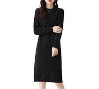 Ailaile Robe pull en laine mérinos 100 % laine mérinos pour femme, mi-longue, col rond, manches longues, pull à col rond, robe tricotée pour l'automne et l'hiver, noir, Taille M