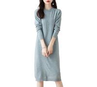 Ailaile Robe pull en laine mérinos 100 % laine mérinos pour femme, mi-longue, col rond, manches longues, pull à col rond, robe tricotée pour l'automne et l'hiver, Gris/vert, Taille M