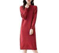 Ailaile Robe pull en laine mérinos 100 % laine mérinos pour femme, mi-longue, col rond, manches longues, pull à col rond, robe tricotée pour l'automne et l'hiver, Doré/rouge, Taille M
