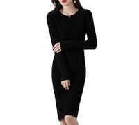 Ailaile Robe pull en laine mérinos pour femme - Col rond - Manches longues - Col rond - Coupe ajustée - Automne et hiver, noir, Taille M