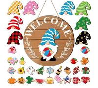 Ailan Décorations de Gnomes en Bois, Panneau Interchangeable, 30 Logos, léger et Portable, avec pièces magnétiques et Chapeaux Amovibles. Panneau de Bienvenue Interchangeable pour Gnomes, tapez+5