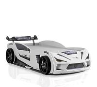 Aileenstore Lit voiture pour enfant Lit enfant Rio 90x200 Lit en forme de voiture avec sommier à lattes Éclairage LED Spoiler (sans matelas, Blanc avec sièges sport inclus)