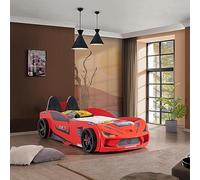 Aileenstore Rio Lit de voiture pour enfant 90 x 200 cm, avec sommier à lattes, spoiler lumineux LED, (sans matelas, rouge, sièges sport inclus)