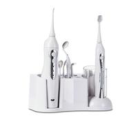 Aileron d'eau mural et hydropulseur de table avec miroir à dents LED et têtes de brosse DuPont, réservoir d'eau amovible, commande à 2 boutons, rangement complet des buses.