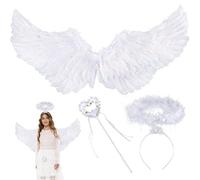Ailes Blanches 60 cm - Costume d'Ange 3 Pièces pour Enfant - Avec Auréole et Baguette Magique - Déguisement de Cupidon pour Femme - Halloween, Carnaval, Cosplay, Fête