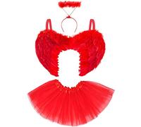 Ailes d'ange avec plume rouge femme - tutu, ailes et halo rouge deguisement ange déchu femme costume halloween - ailes halloween d'ange démon costume femme ailes de demon rouge deguisement cupidon