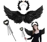 Ailes d'ange noires, 80 cm Ailes d'ange et de diable avec auréole rêveuse pour adultes, costume d'anger Halloween pour femmes, ailesi d'anges noires et de diable pour carnaval, fête, déguisement