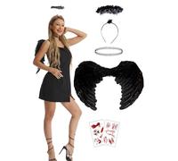 Ailes d'ange noires, ensemble de 5 pièces, costume d'ange noir, pour femme, pour Halloween et carnaval, cosplay, carnaval, costume d'ange noir pour fête