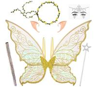 Ailes de Fée Adulte et Enfant, Ailes de Papillon Dorées avec Oreilles d’Elfe, Bandeau Fleuri et Baguette Étoile, Ensemble Femme de Fée Papillon pour Femmes Carnaval Halloween Anniversaire Cosplay