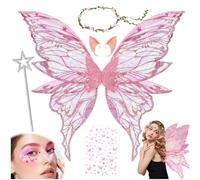 Ailes de Fée Adulte,Fairy Wings Adult,Angel Wings with Elf Ears,Fairy Headband and Star Fairy Wands,Aile Fee,Halloween Birthday Christmas Theme Party,Ensemble D'accessoires de Costume (rose)