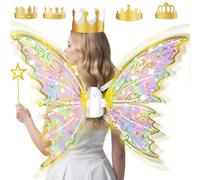 Ailes de fée dorées pour fille - Ailes de fée électriques et lumineuses - Kit d'Halloween avec baguette magique, couronne, ailes de papillon - Idéal pour cosplay, fête, anniversaire, Noël