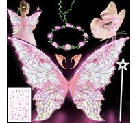 Ailes de Fée Lumineuses à Led, Ailes de Papillon Avec Oreilles d'Elfe, Bandeau de Fée à Led Et Baguettes de Fée Étoile, Ailes de Papillon, Ailes de Princesse, Costume d'Aile pour Carnaval ou Soirées