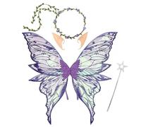 Ailes de fée violettes, 31,5 x 29,5 in / 80 x 75 cm, accessoire de costume Halloween avec ailes d'ange, serre-tête de lierre, oreilles d'elfe et baguette étoile, pour cosplay, scène, fête papillon