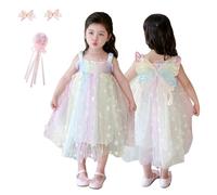 Ailes de Papillon Filles Robe à Lanières Smockées,Robe de Princesse en Tulle Scintillant pour le Bal de Mariage Fête D'anniversaire,avec des Pinces à Cheveux,Baguette Magique et Boîte-Cadeau,140