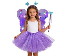 Ailes Robe de Princesse pour Fille, Light Up Enfants Costume avec LED Light, Couronne Magique Ailes de Fée Déguisement Lumineuse pour Filles avec Lumineuse et Ensemble de Floral (Purple, 3-10 Years)