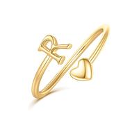 Ailetop Bague initiale en forme de cœur pour femmes et filles - Bague réglable plaquée or jaune/blanc/rose 14 carats pour femmes et filles qui ne ternissent pas - Cadeau tendance - Bijoux