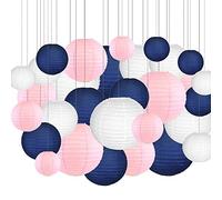 AILIFE Lot de 30 lanternes chinoises en papier bleu marine, rose, blanc, lampion de mariage, boule chinoise, décoration à suspendre