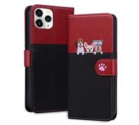 Ailisi Coque pour iPhone 11 Pro Max, Mignon Cartoon Animal Chiens Motif Housse Étui en Cuir Portefeuille Magnétique Flip Cover avec Carte Fentes, Fonction Stand, Rouge/Noir