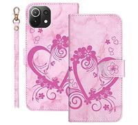 Ailisi Coque pour Xiaomi Mi 11 Lite 5G/Xiaomi 11 Lite 5G NE, Motif Marbre en Relief Coeur d'amour et Fleurs Design PU Cuir Étui Portefeuille Flip Cover Housse avec Fente pour Carte -Rose