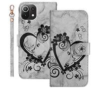 Ailisi Coque pour Xiaomi Mi 11 Lite 5G/Xiaomi 11 Lite 5G NE, Motif Marbre en Relief Coeur d'amour et Fleurs Design PU Cuir Étui Portefeuille Flip Cover Housse avec Fente pour Carte -Noir