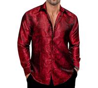 Ailisus Chemises vintage à motif cachemire pour homme à manches longues, chemise de fête disco brillante décontractée, costume floral soyeux, designer unique, Rouge vif, XXL