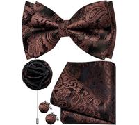 Ailisus Lot de 4 nœuds papillon et boutons de manchette carrés pré-noués pour homme Motif cachemire, Noir et marron café, taille unique