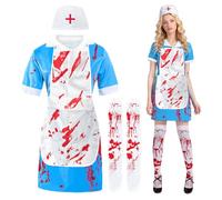 ailker Déguisement Infirmière Zombie Halloween Femme: Ensemble de Tenues Infirmière Effrayantes Costume avec tablier et bas, casquette, robe d'hôpital sanglante d'horreur Uniforme Cosplay (S)