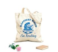 AILOONG Je suis le plus heureux quand je lis Frog Reader Typography, un design amusant et livresque de grenouille Sac en toile à fond renforcé tissu épais de 340g/m² Utilise comme sac cadeau