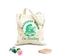 AILOONG Je suis le plus heureux quand je lis Frog Reader Typography, un design amusant et livresque de grenouille Sac en toile à fond renforcé tissu épais de 340g/m² Utilise comme sac cadeau