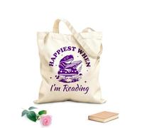 AILOONG Je suis le plus heureux quand je lis Frog Reader Typography, un design amusant et livresque de grenouille Sac en toile à fond renforcé tissu épais de 340g/m² Utilise comme sac cadeau