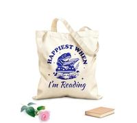 AILOONG Je suis le plus heureux quand je lis Frog Reader Typography, un design amusant et livresque de grenouille Sac en toile à fond renforcé tissu épais de 340g/m² Utilise comme sac cadeau