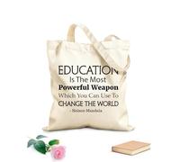 AILOONG Sac de plage en polyester et coton Citation de Nelson Mandela : « L’éducation est l’arme la plus puissante de la science. » tissu épais de 12 oz Matière douce pour la peau 31x36cm Moyen