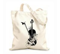 AILOONG Sac de plage en polyester et coton tissu épais de 12 oz Motif de violon Studio de musique Instrument de musique Violon et fleurs papillon Matière douce pour la peau 31x36cm Moyen